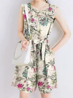 Floral Print Wide Leg Romper Belt