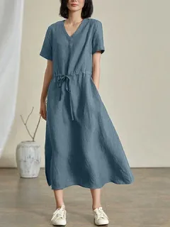 Drawstring Waist and Plain V Neck Dress