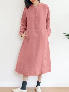 Plain Cotton Half Button Dress