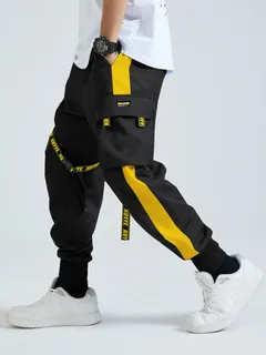 Mens Side Stripe Patchwork Ribbon Design Cuffed Cargo Pants