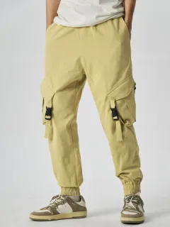 Mens Solid Color Push Buckle Pocket Cotton Cargo Pants