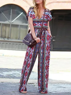 Bohemian Geometric Print V Neck Jumpsuit