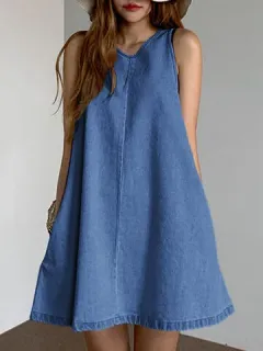 Denim liso con bolsillo evasé Vestido