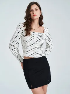 Polka Dot Print Square Neck Gathered Blouse