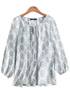 Blusa de algodón Floral Tie Crew Cuello