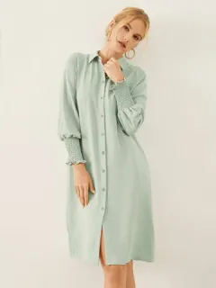 Solid Ruched Lapel Shirt Dress