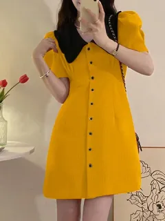 Puff Sleeve Contrast Buttons Dress