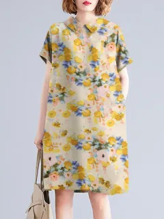 Lapel Floral Print Watercolor Dress