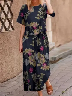 Traje de 2 piezas de manga corta con estampado de plantas