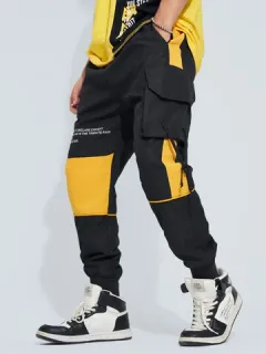 Mens Color Block Patchwork Letter Print Street Cargo Pants