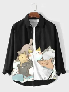 Camisas con solapa con estampado de dibujos animados Gato