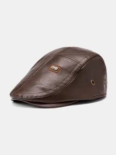 Gorra plana de color sólido informal retro de piel sintética para hombre de Collrown