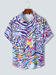 Mens Colorful Leopard & Zebra Paint Splatter Print Short Sleeve Shirts