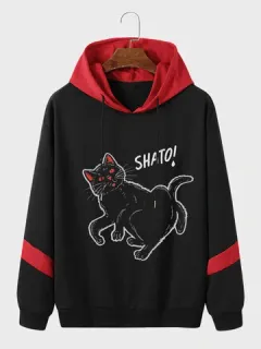 Sudaderas con capucha con estampado de gato y patchwork en contraste