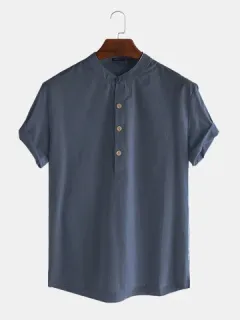 Henley liso retro de algodón y lino Camisa