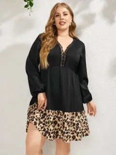 Leopardo con ribete de encaje de talla grande Vestido