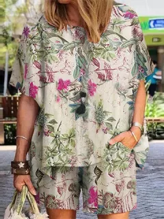 Traje de 2 piezas con bolsillo y estampado de plantas en toda la prenda