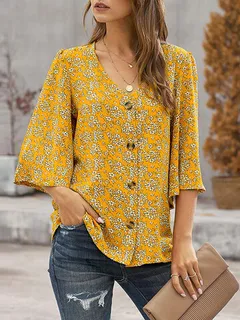 Blusa con cuello en V y estampado floral de florecitas