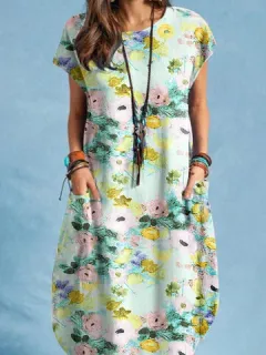 Double Pocket Floral Watercolor Dress