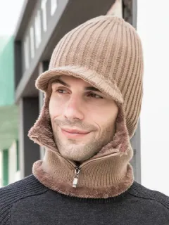 Hombres 2PCS Terciopelo Invierno Mantener abrigado Sombrero de una pieza Bufanda Gorro