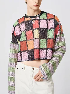 Windowpane Pattern Lace Crop Top