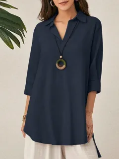 Solid High-low Hem Lapel 3/4 Sleeve Blouse