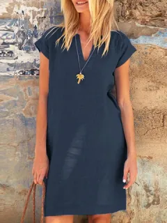 Sólido Con muescas Cuello Algodón Vestido