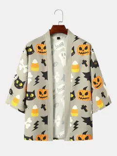 Kimono de Halloween con estampado de calabaza divertida