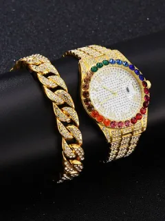 Pieces/Set Men Quartz Watch Rhinestone Bracelet