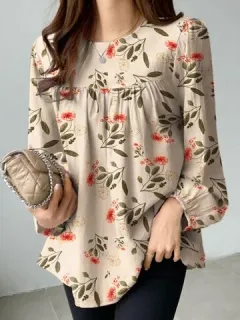 Blusa floral Planta con cuello redondo Cuello